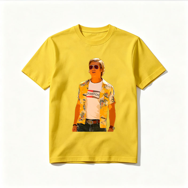 Luke Bryan in a Vibrant Yellow Hawaiian Shirt and Champion Tee - Tee
