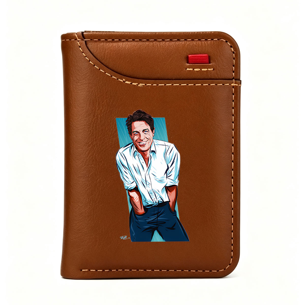 Tom Hanks in a Light Blue Shirt and Dark Pants, Smiling with Hands in Pockets - Vertical Style Wallet