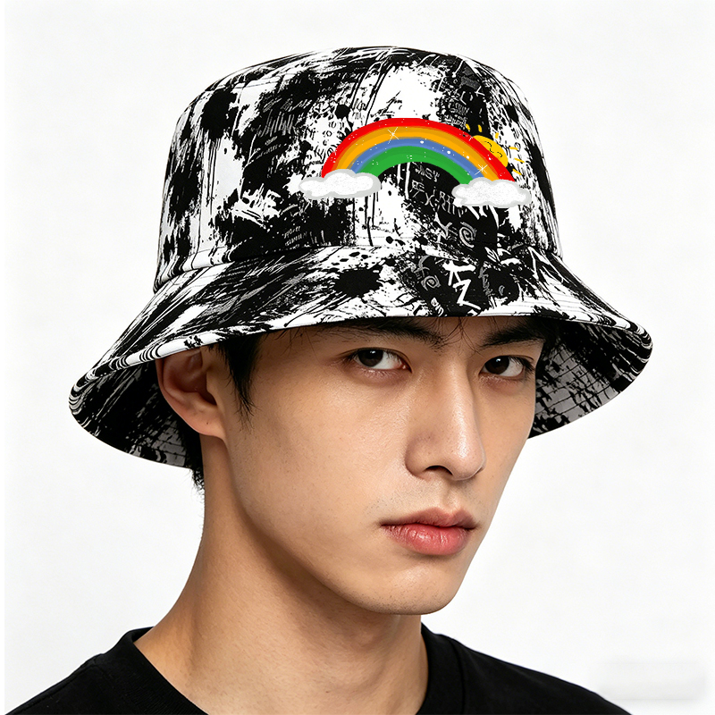 Unisex Classic Graffiti Bucket Hat with Rainbow Sun and Cloud Print | Stylish Outdoor Hat for Casual Wear, Beach, Travel, and Daily Use | Perfect for Youth, Students, and Fashion Lovers Seeking Vibrant Accessories