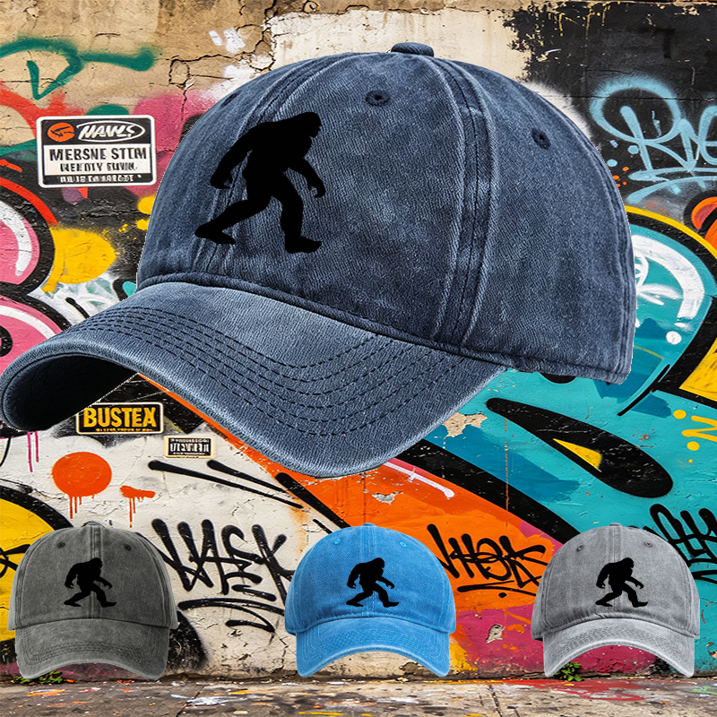 Unisex Classic Washed Cap with Bigfoot Silhouette Print - Outdoor Adventure Hat for Hiking, Camping, and Nature Enthusiasts