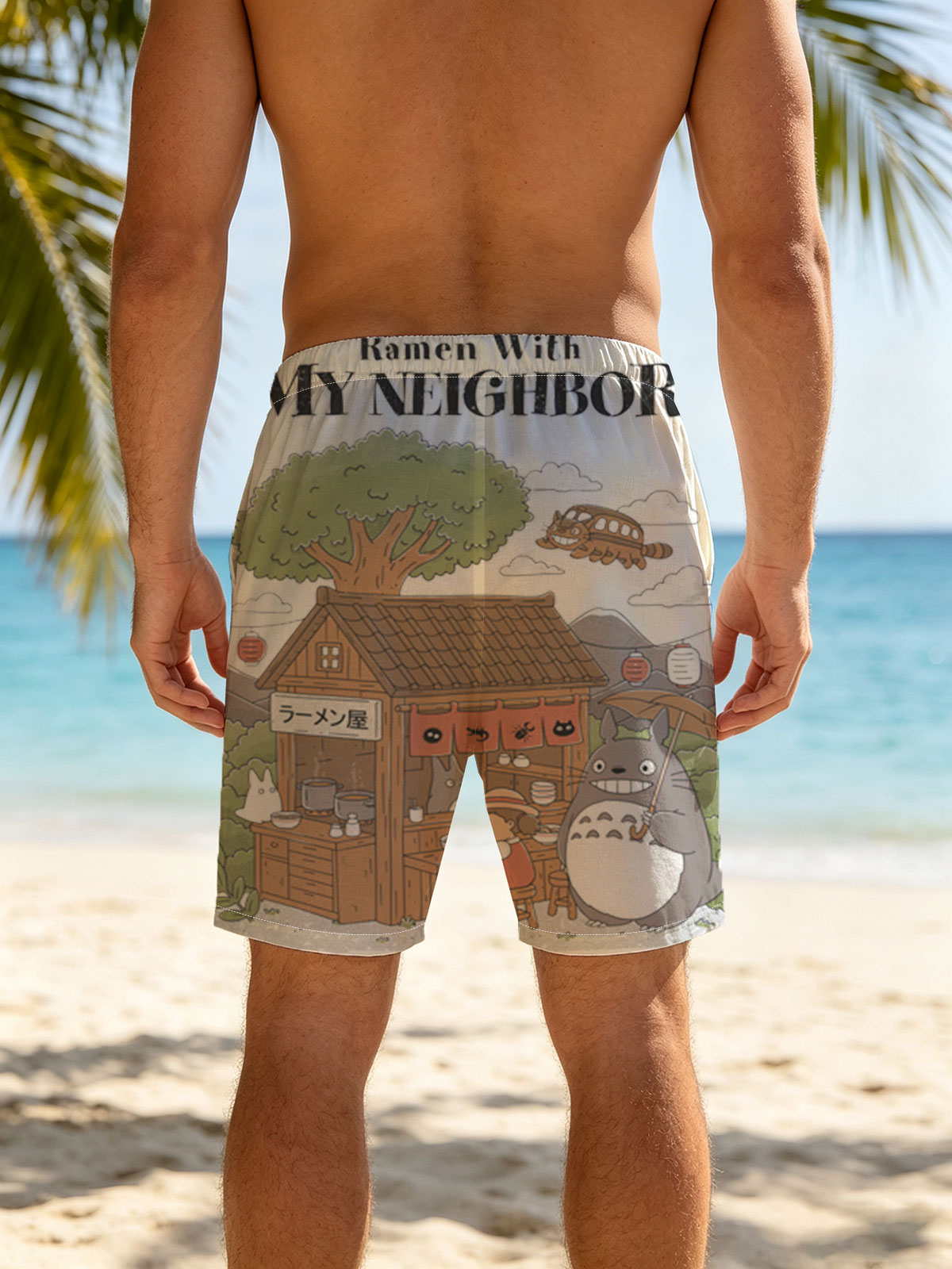 Totoro and Neighbor Enjoy Ramen at a Cozy Stall -  Beach shorts