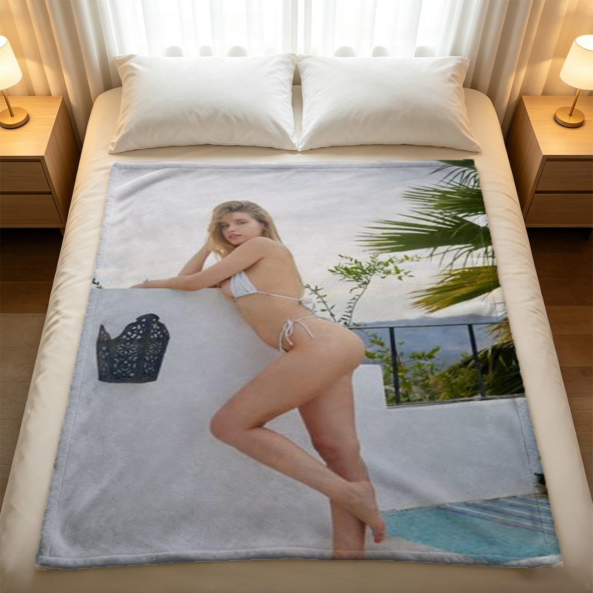 Nude Japanese model with bob haircut sitting on tiled floor. - Blanket