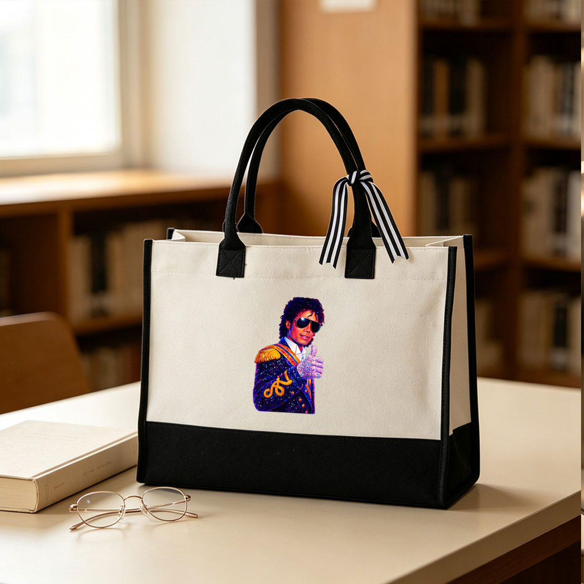 Michael Jackson in Iconic Military Jacket and Sunglasses, Giving a Thumbs-Up - Canvas patchwork gift tote bag