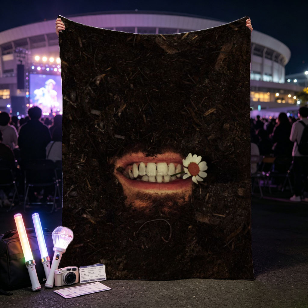 Mysterious Mouth in Soil with Daisy Flower in Teeth - Blankets