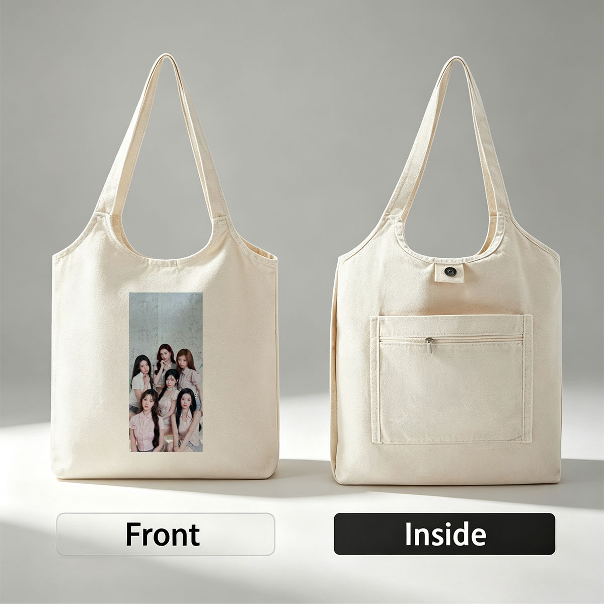 NMIXX Group Portrait in Elegant Pink Outfits Against Floral Background - Canvas shoulder bags/