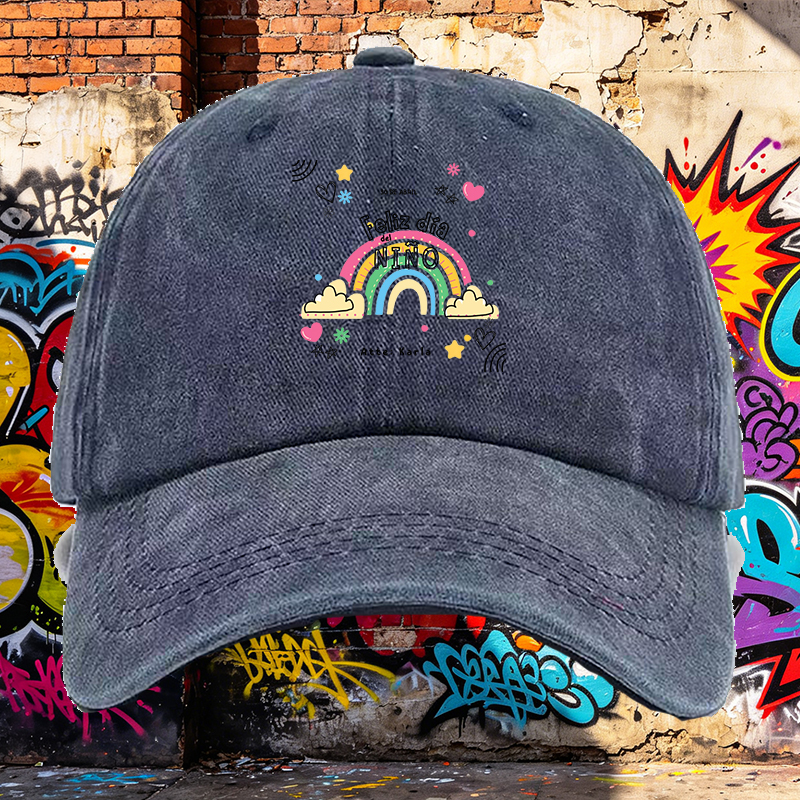 Men's Printed Washed Cap with Rainbow and 