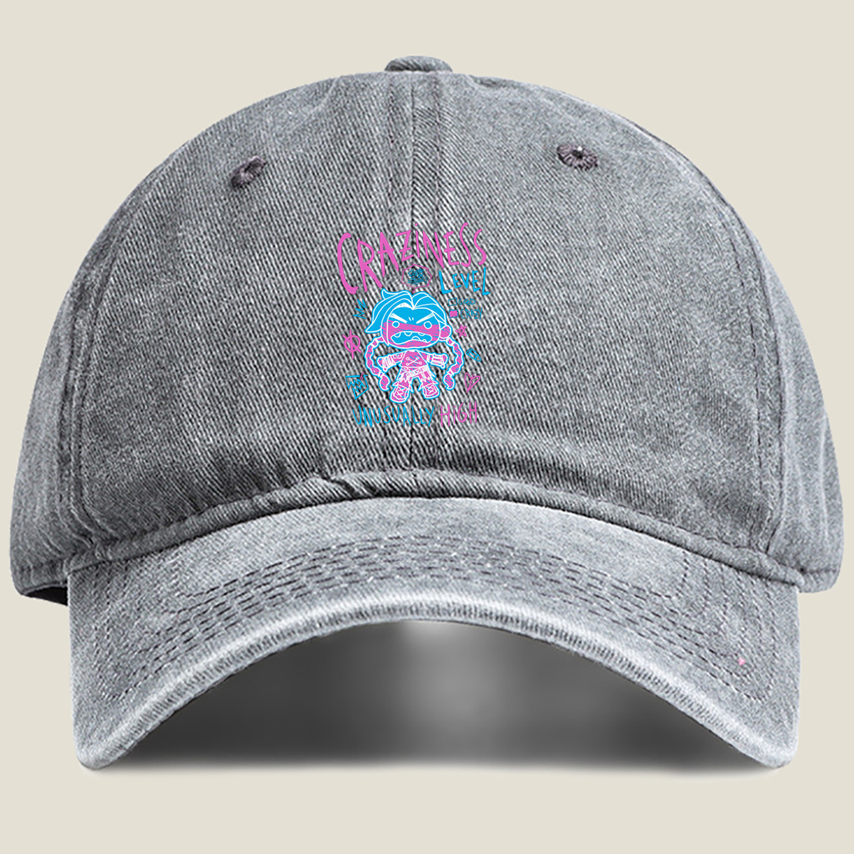 Craziness Level: Unusually High - Blue Character with Pink Accents - Washed Denim - Baseball Cap