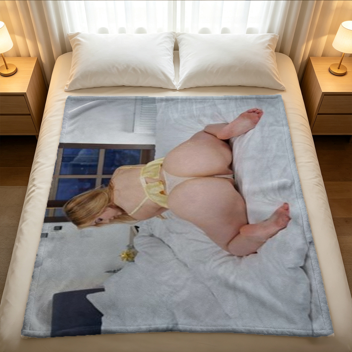 Nude blonde posing seductively on bed, hand on hip and shoulder turned back. - Blanket