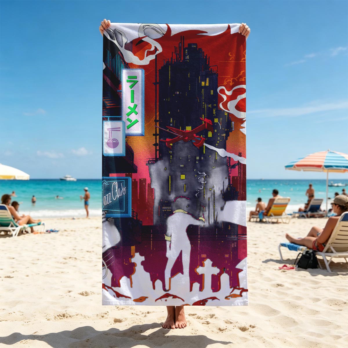 Cowboy in Neon City: Ramen, Jazz Club, and Flying Plane - Beach towels