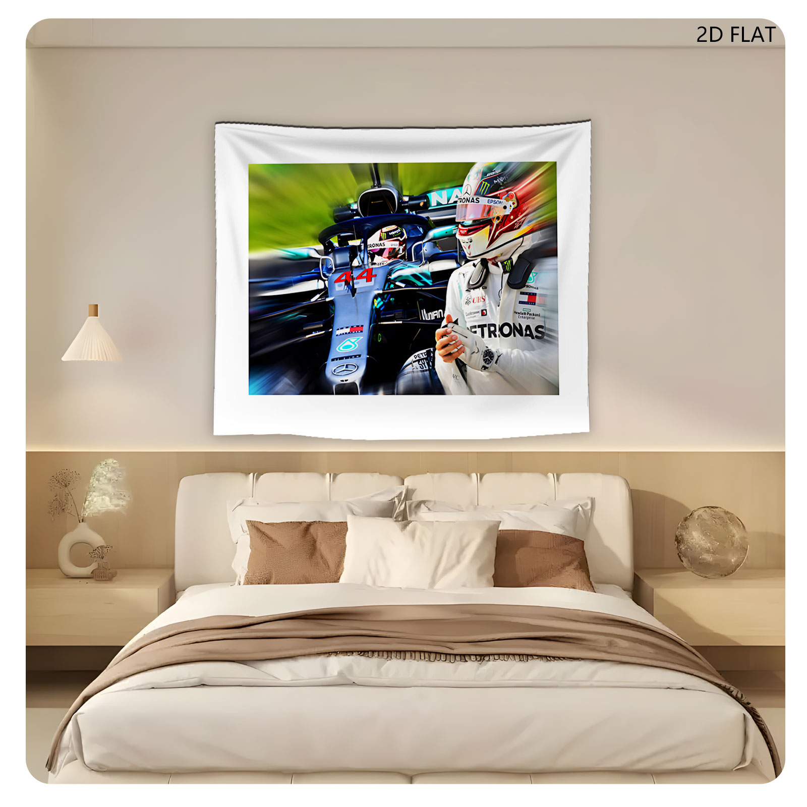 Lewis Hamilton in Mercedes F1 Car, Number 44, Petronas Sponsorship, Racing Helmet and Suit - Tapestry