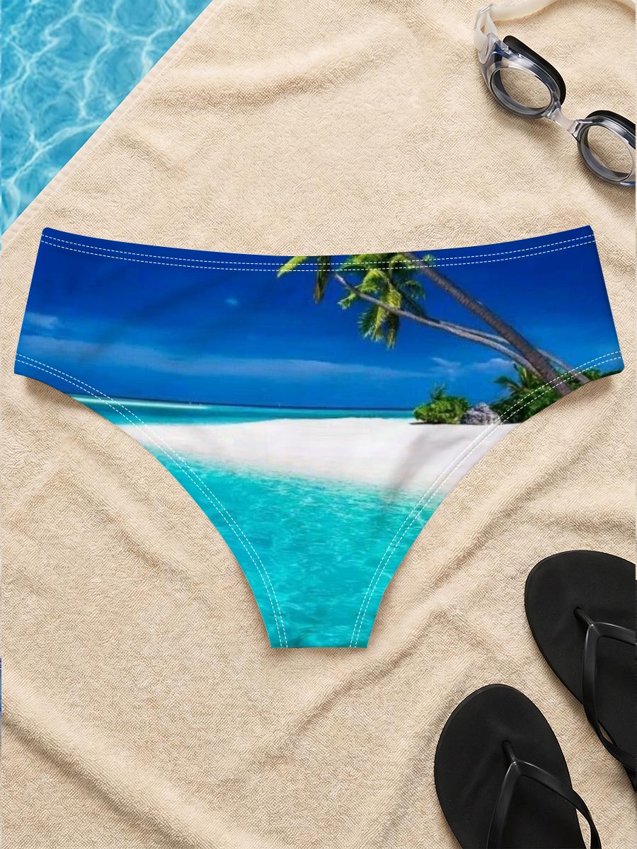 Serene tropical beach with crystal clear turquoise water and leaning palm trees under a vibrant blue sky. -  Men's swim trunks