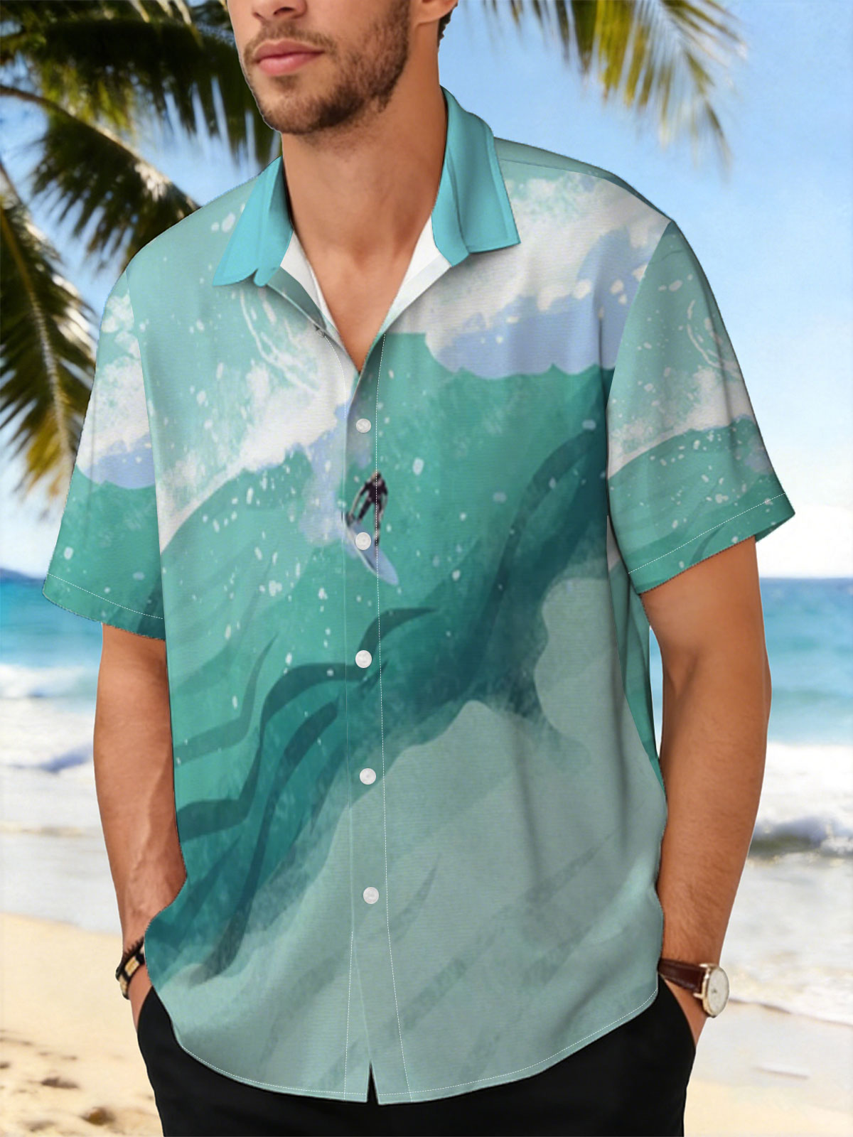 Surfer riding a massive wave in vibrant ocean waters -  Shirt
