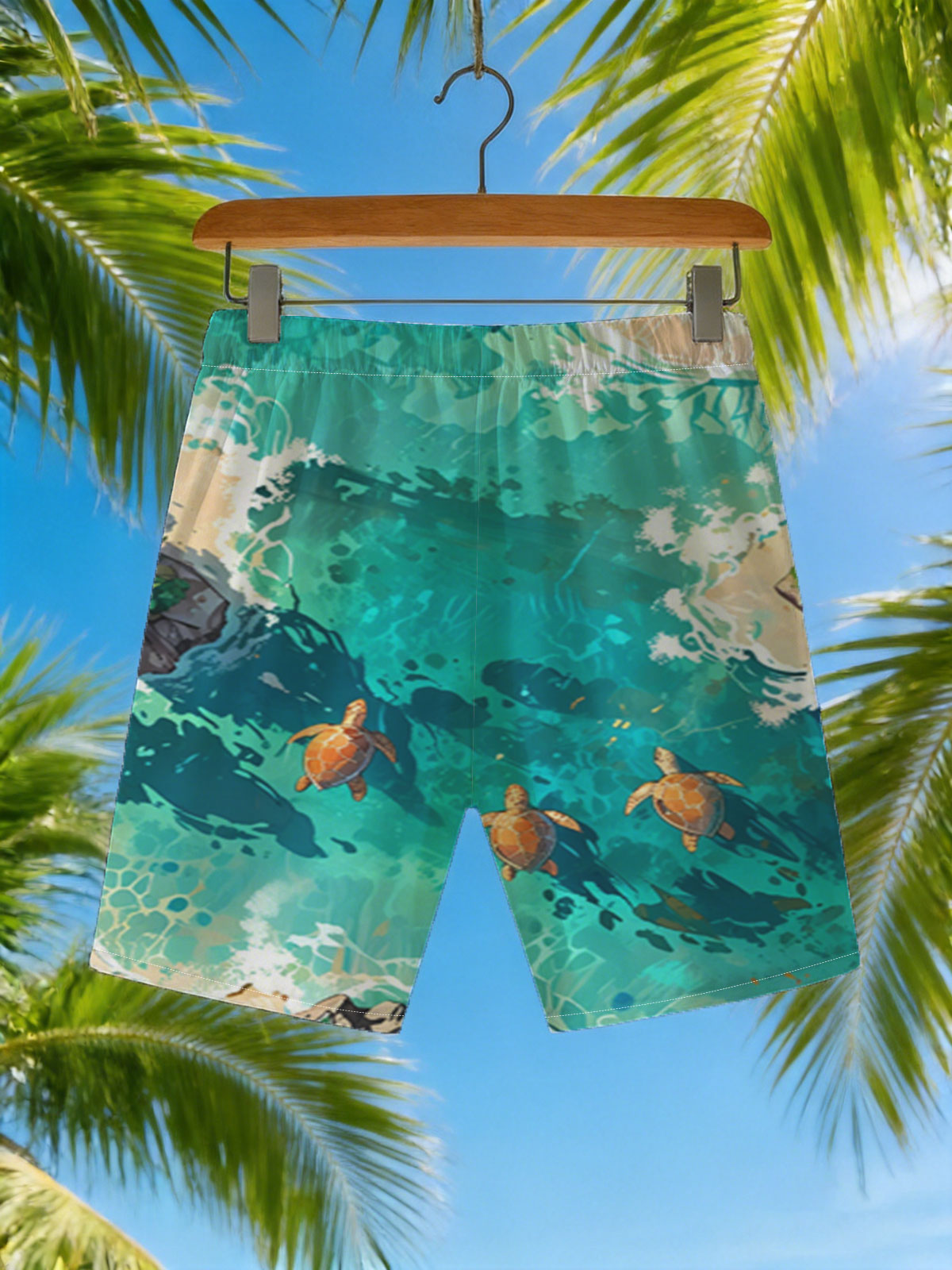 Turtles swimming in crystal-clear tropical waters near sandy shores and palm trees. -  Beach shorts