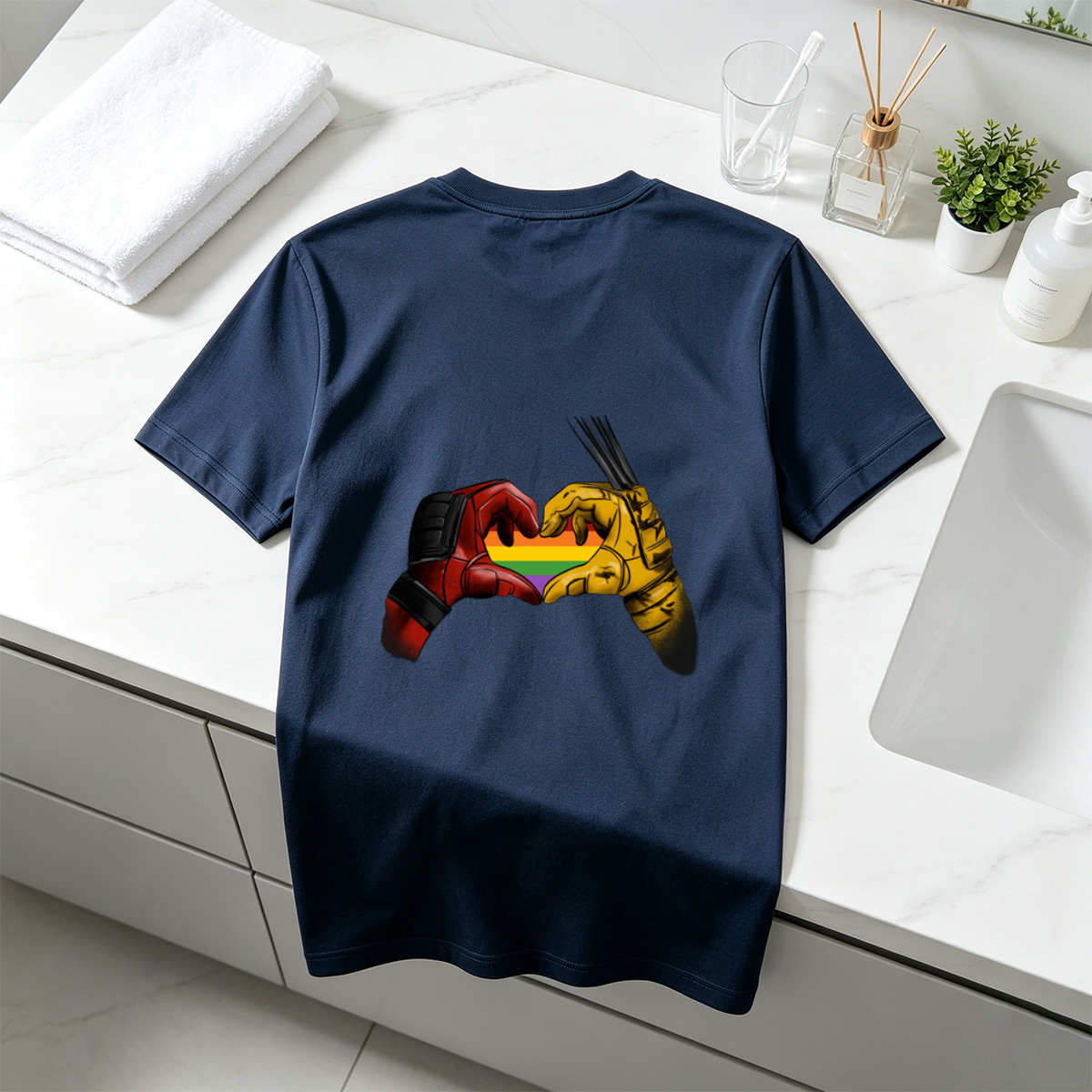 Deadpool and Wolverine Form a Rainbow Heart - Tee