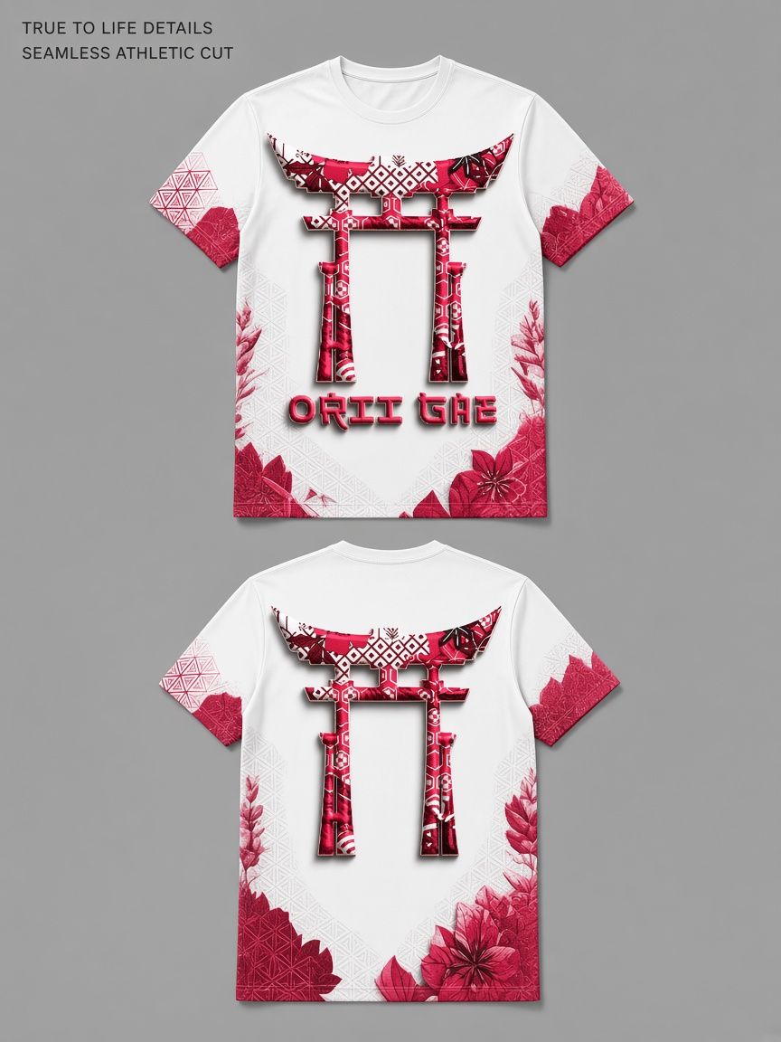 Japanese Torii Gate 3D Optical Illusion Graphic Tee, Breathable Athletic Mesh T-Shirt, Casual Sports Wear