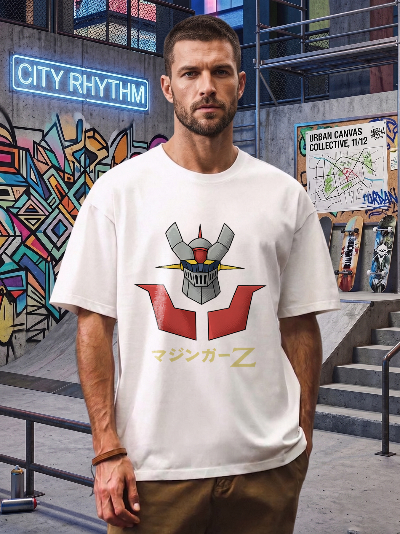 Men's Printed T-Shirt with Mazinger Z Robot Head Design and Japanese Text - Casual Round Neck Summer Lightweight Breathable Short Sleeve Tee for Anime Fans, Sci-Fi Enthusiasts, and Pop Culture Lovers