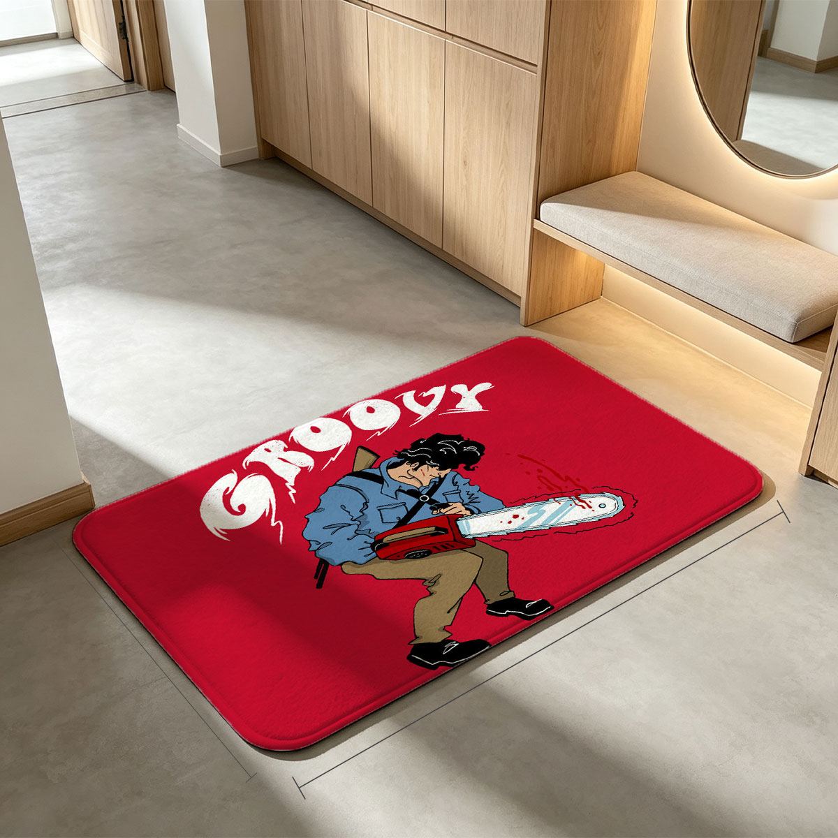 Groovy Chainsaw Man with Red Background - Flannel floor mat