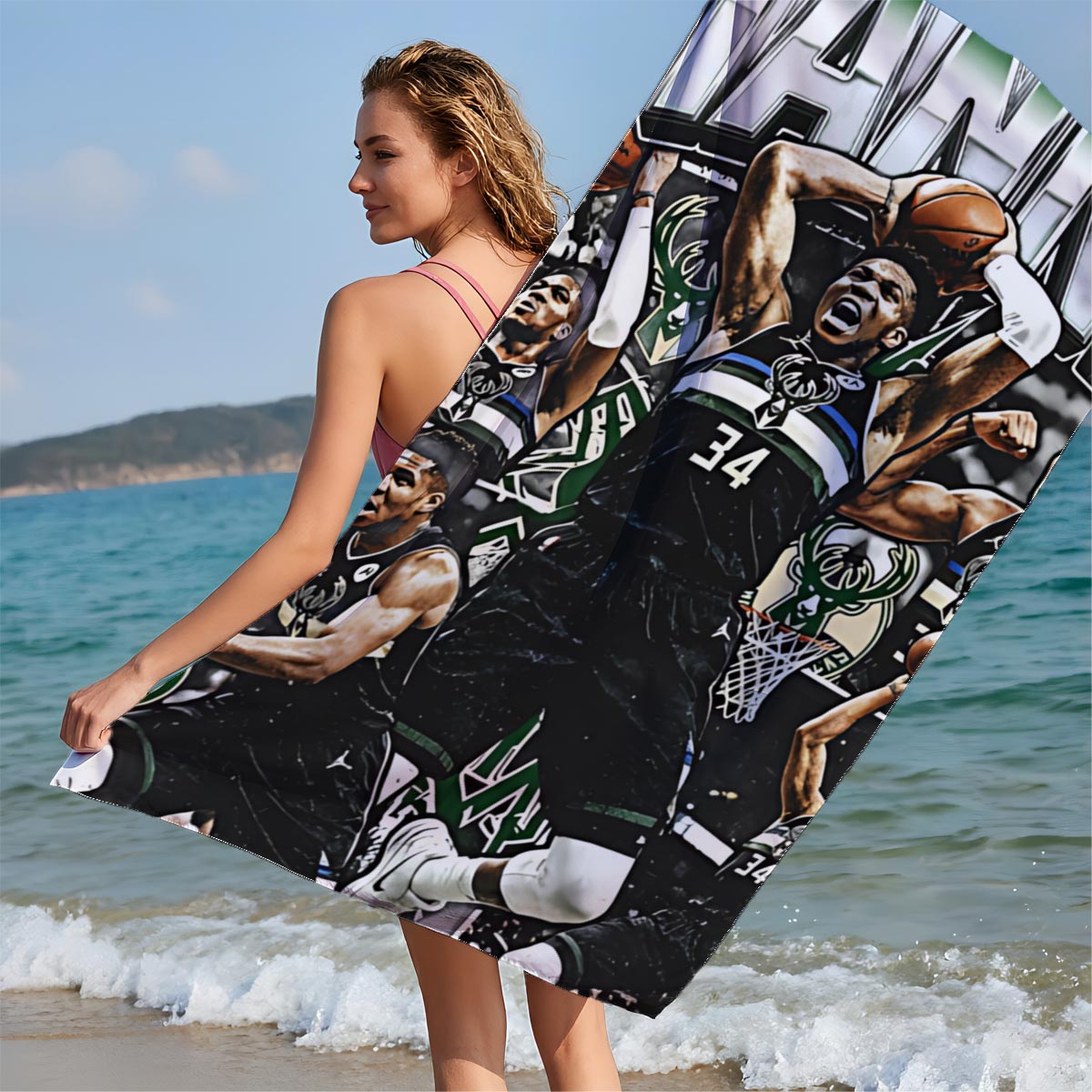 Giannis Antetokounmpo Milwaukee Bucks Basketball Action Montage - Beach towels