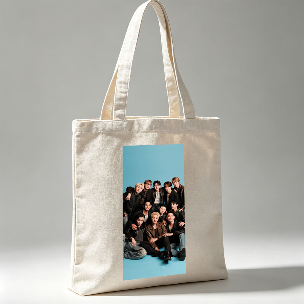 SEVENTEEN Group Photo on Blue Background with Members in Leather Jackets and Casual Outfits - Canvas tote bags