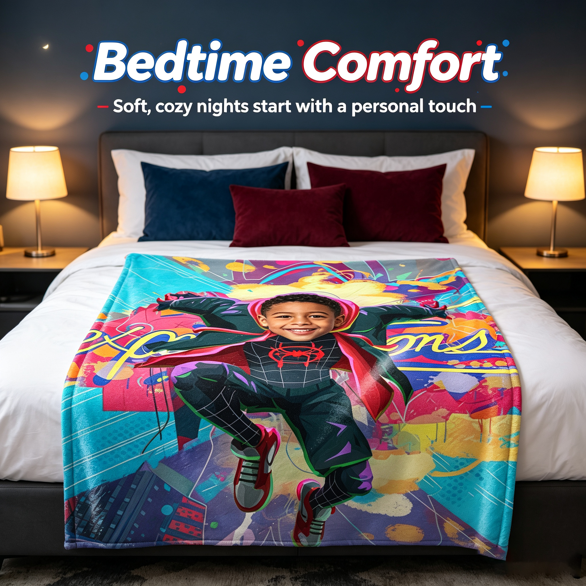 Custom Spider‑Verse Miles Morales Kids Photo Blanket, Personalized Superhero Throw Blanket Upload Child Photo, Birthday Gift for Boys