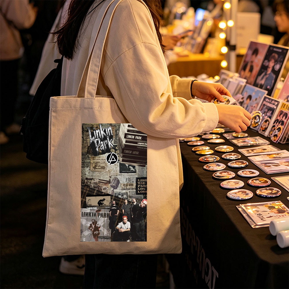 Linkin Park Band Collage Featuring Album Art, Members, and Vintage Newspaper Background - Canvas tote bags
