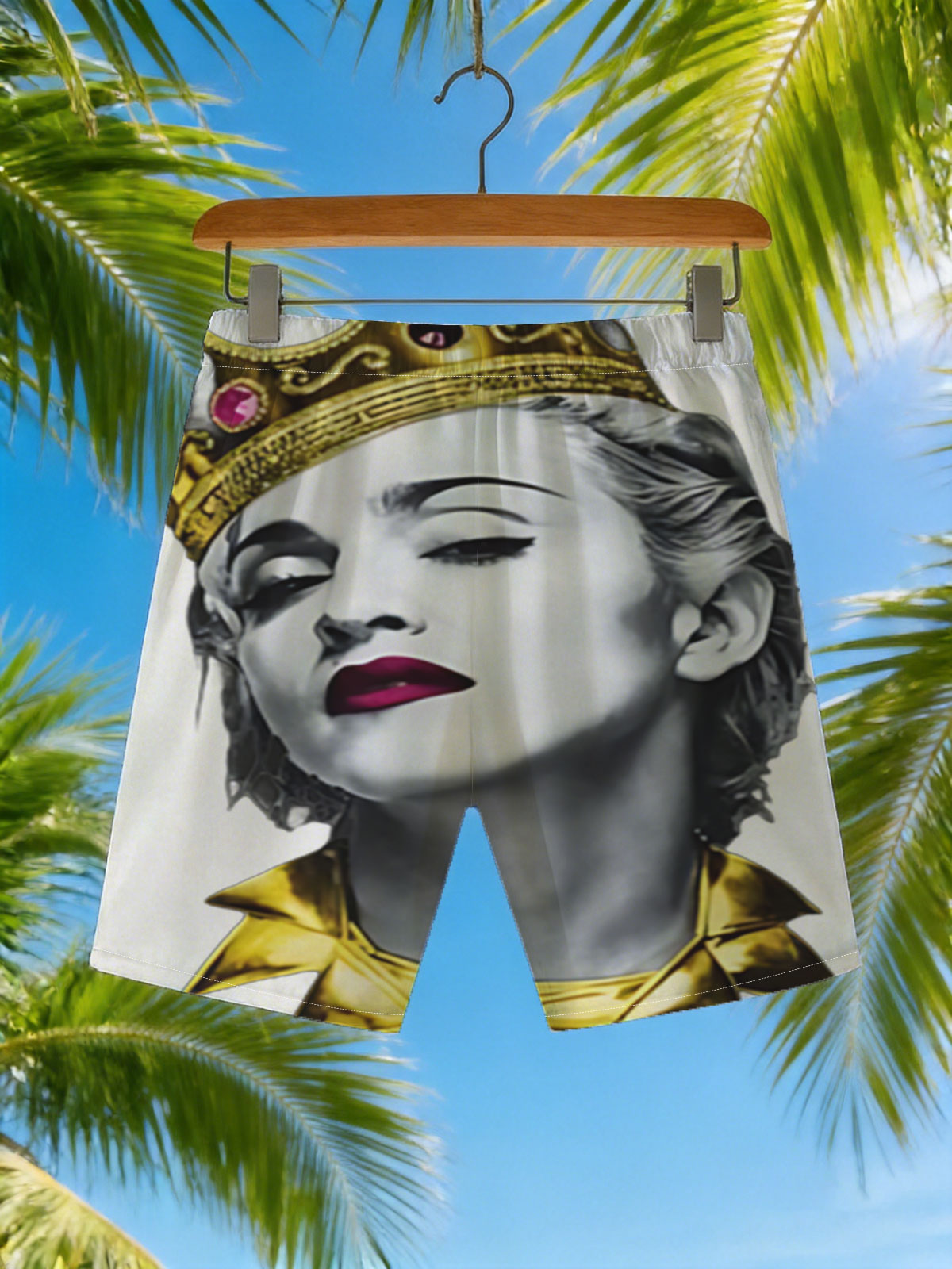 Madonna as Queen: Golden Crown and Regal Attire -  Beach shorts