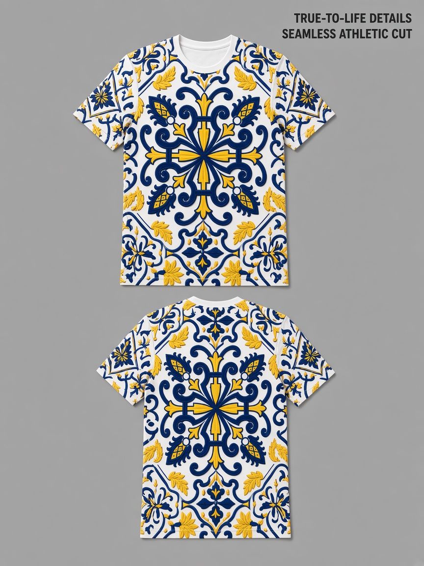 Baroque Tile 3D Optical Illusion Graphic Tee Breathable Athletic Mesh T-Shirt Casual and Sports Wear
