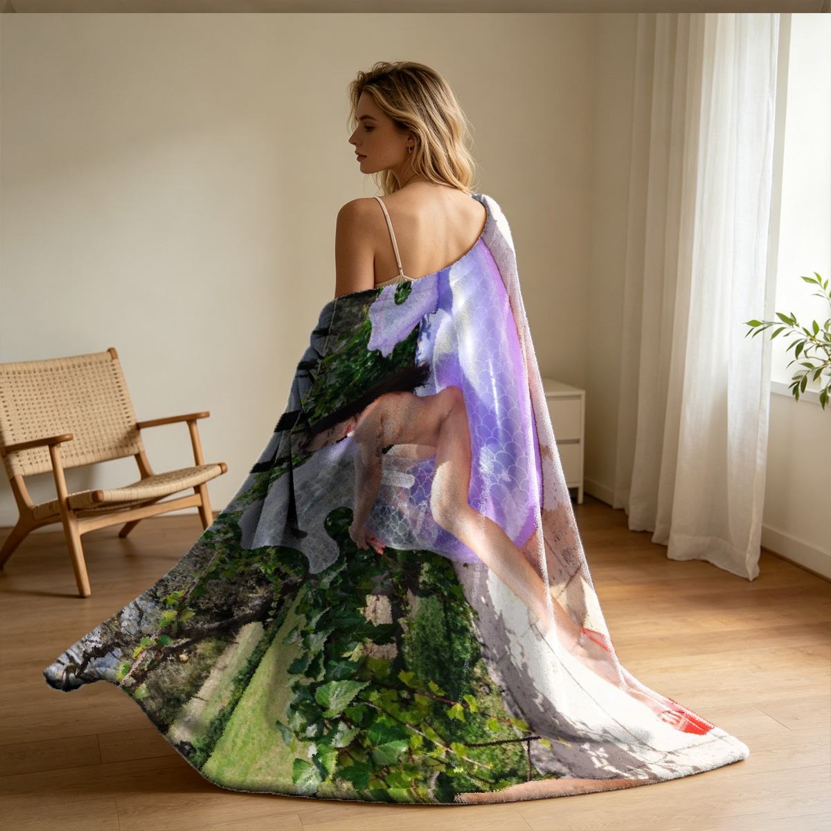 Japanese Actress in White Lingerie and Green Kimono by Shoji Screen - Blanket