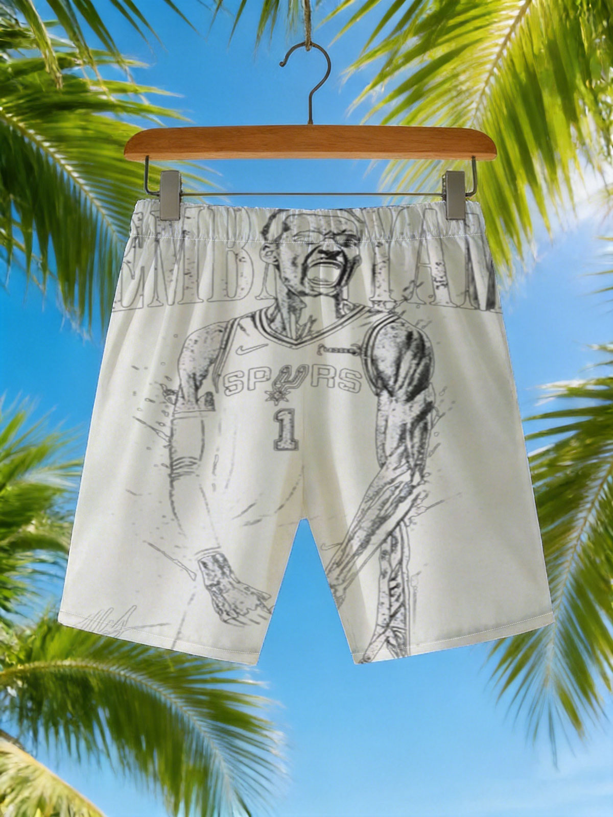 Wembanyama in Spurs Jersey, #1, Basketball Player, Artist Signature -  Beach shorts