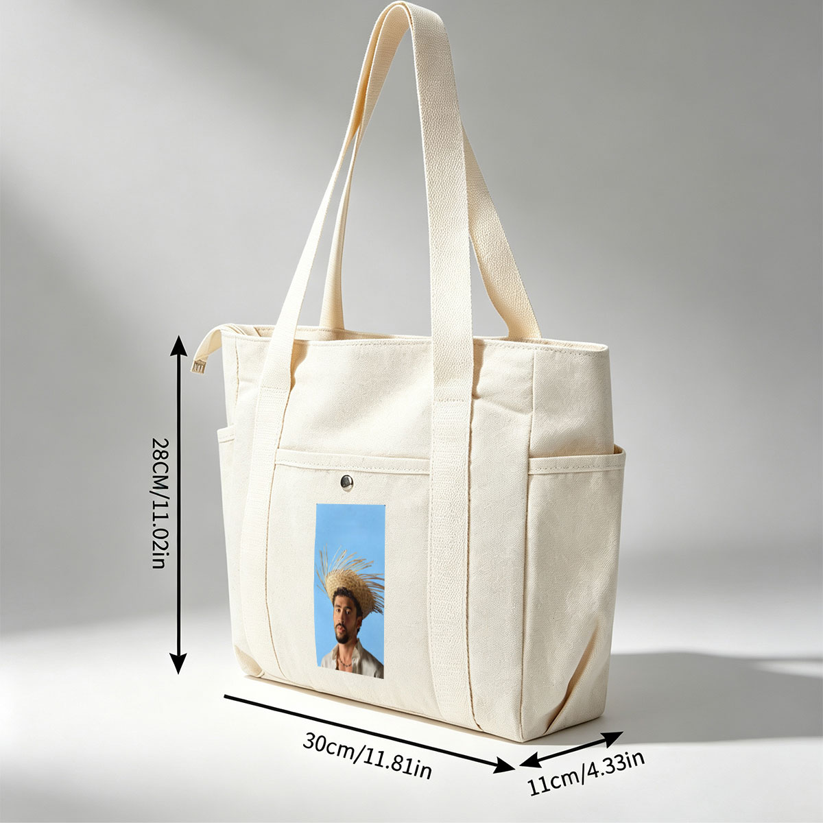 Bad Bunny Wearing a Straw Hat with Spiky Design Against a Blue Background - Multi-pocket bags