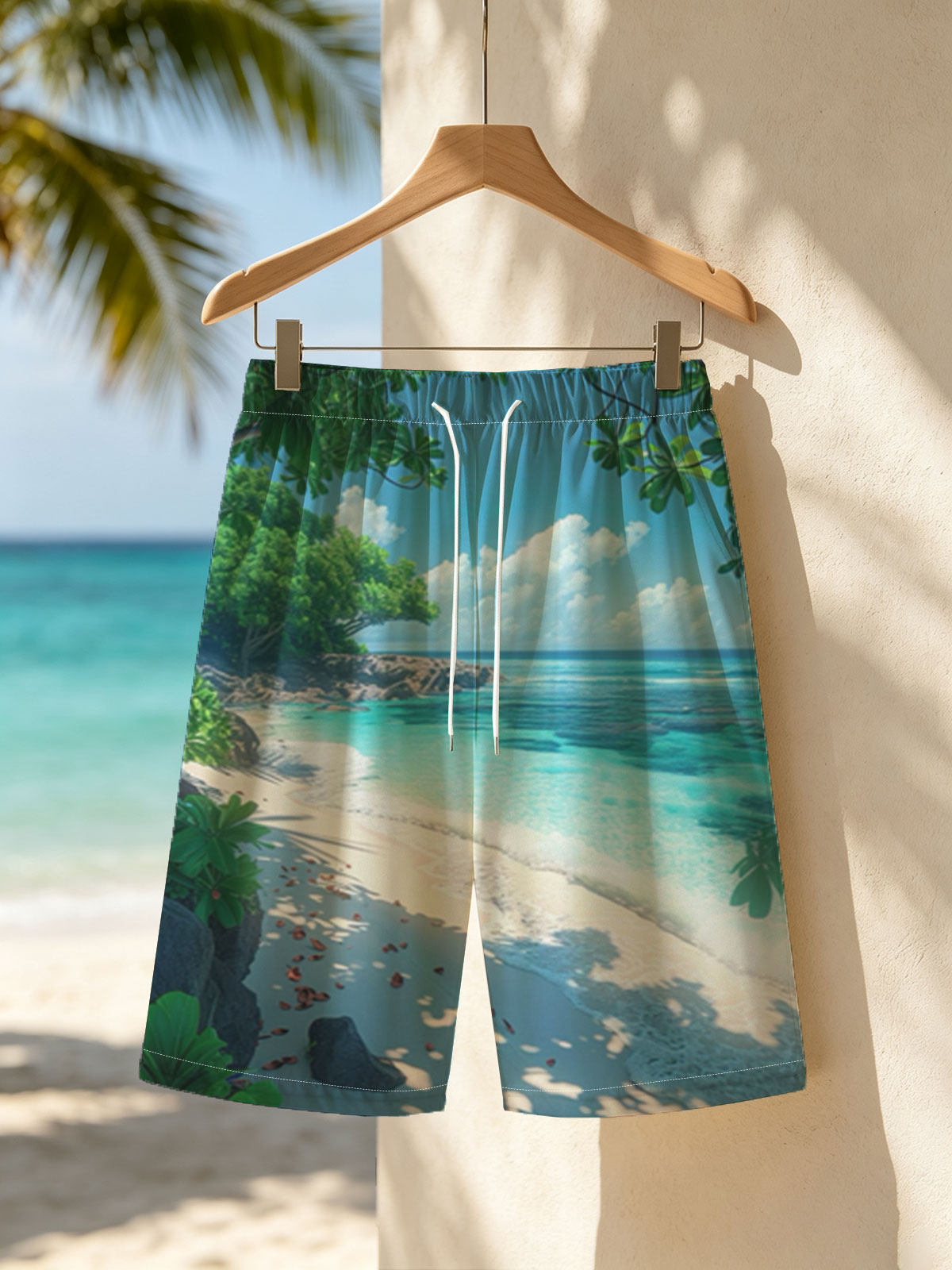 Tropical Beach with Crystal Clear Water and Lush Greenery -  Beach shorts