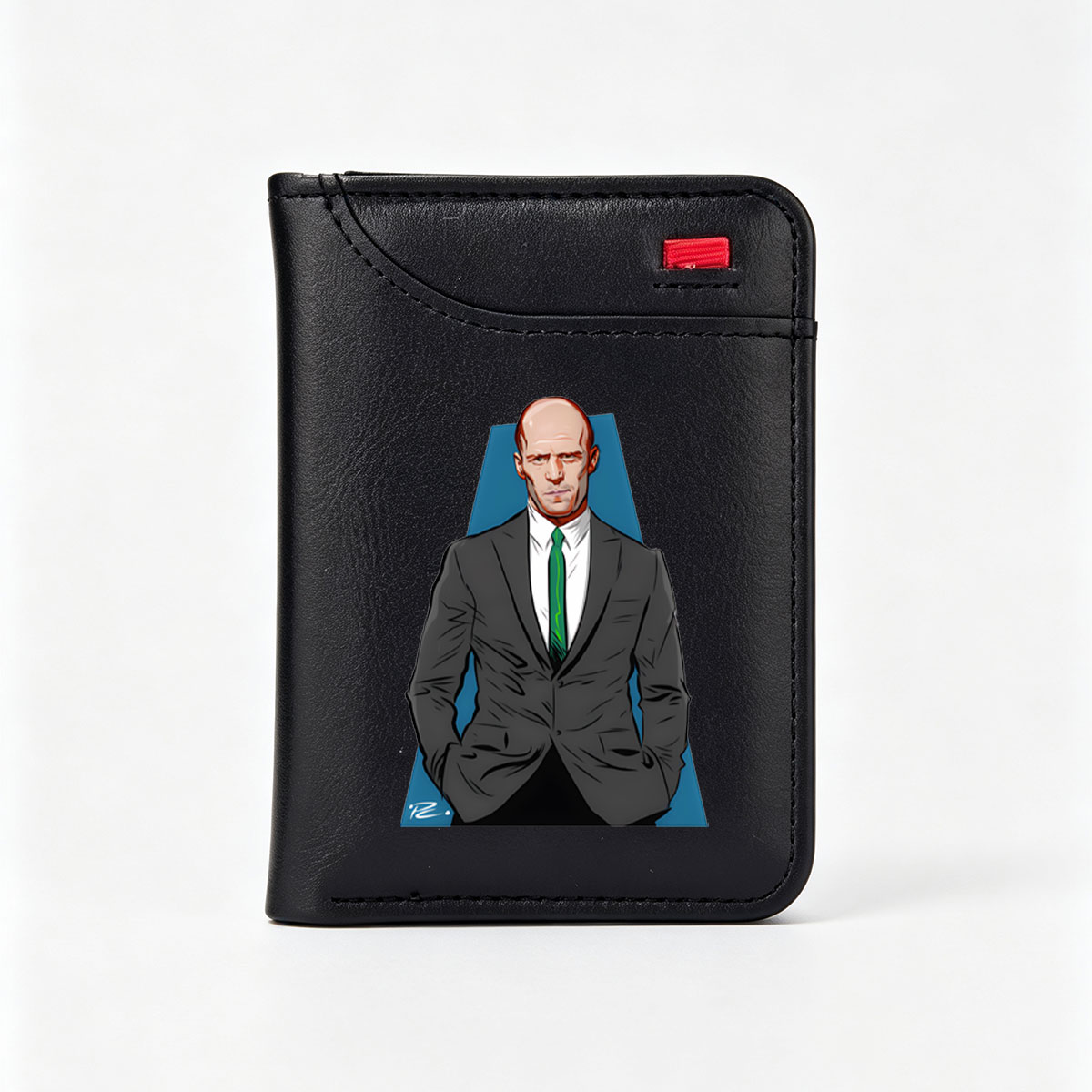 Lex Luthor in a sharp suit and green tie, standing confidently against a blue backdrop. - Vertical Style Wallet