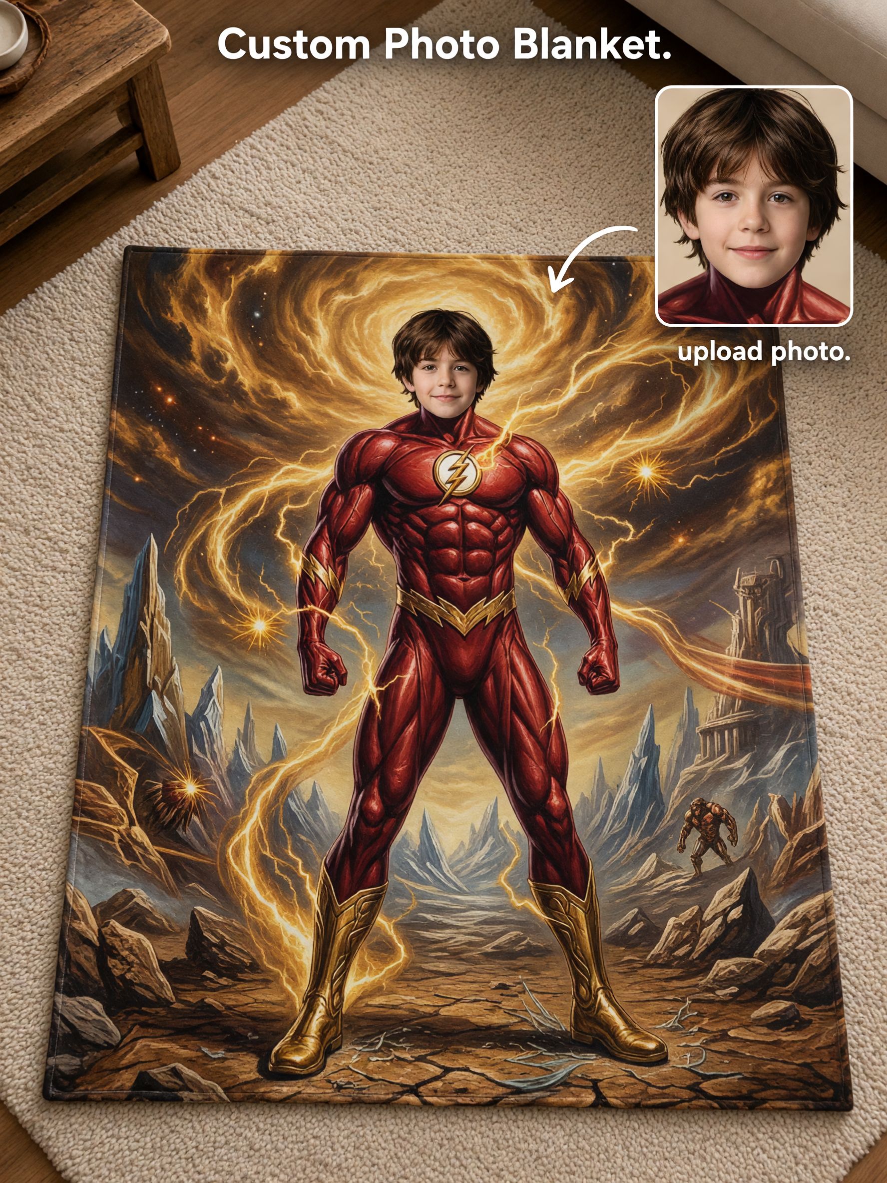 Custom Photo Face Superhero Flannel Fleece Blanket, Ultra Soft Personalized Throw With Lightning Hero Art For Bed