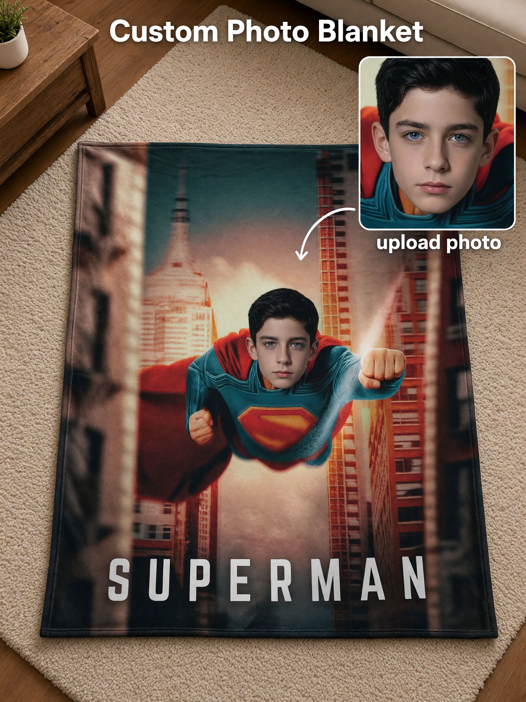 Custom Face Superhero Flannel Blanket, Personalized Photo Soft Plush Throw for Kids and Adults, Ideal Cozy Gift