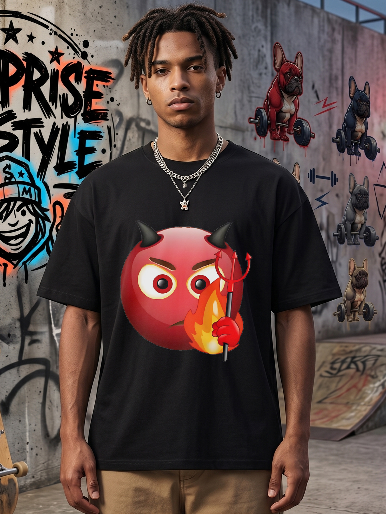 Men's Devil Emoji Print T-Shirt with Horns and Trident Flame Design Casual Round Neck Summer Lightweight Breathable Short Sleeve Tee for Fun Party Wear, Trendy Streetwear for Young Adults