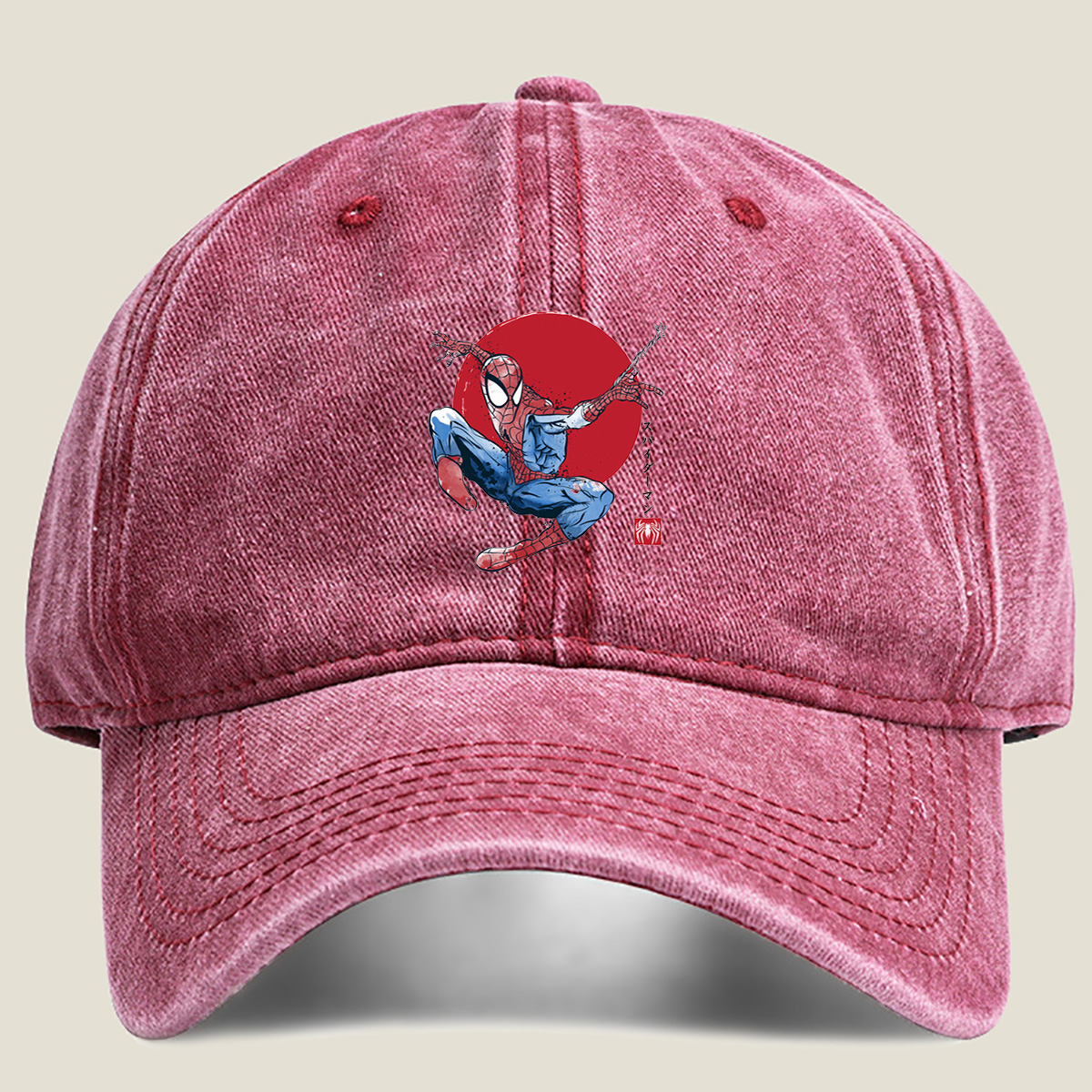 Spider-Man in Action Against Red Sun Background - Washed Denim - Baseball Cap