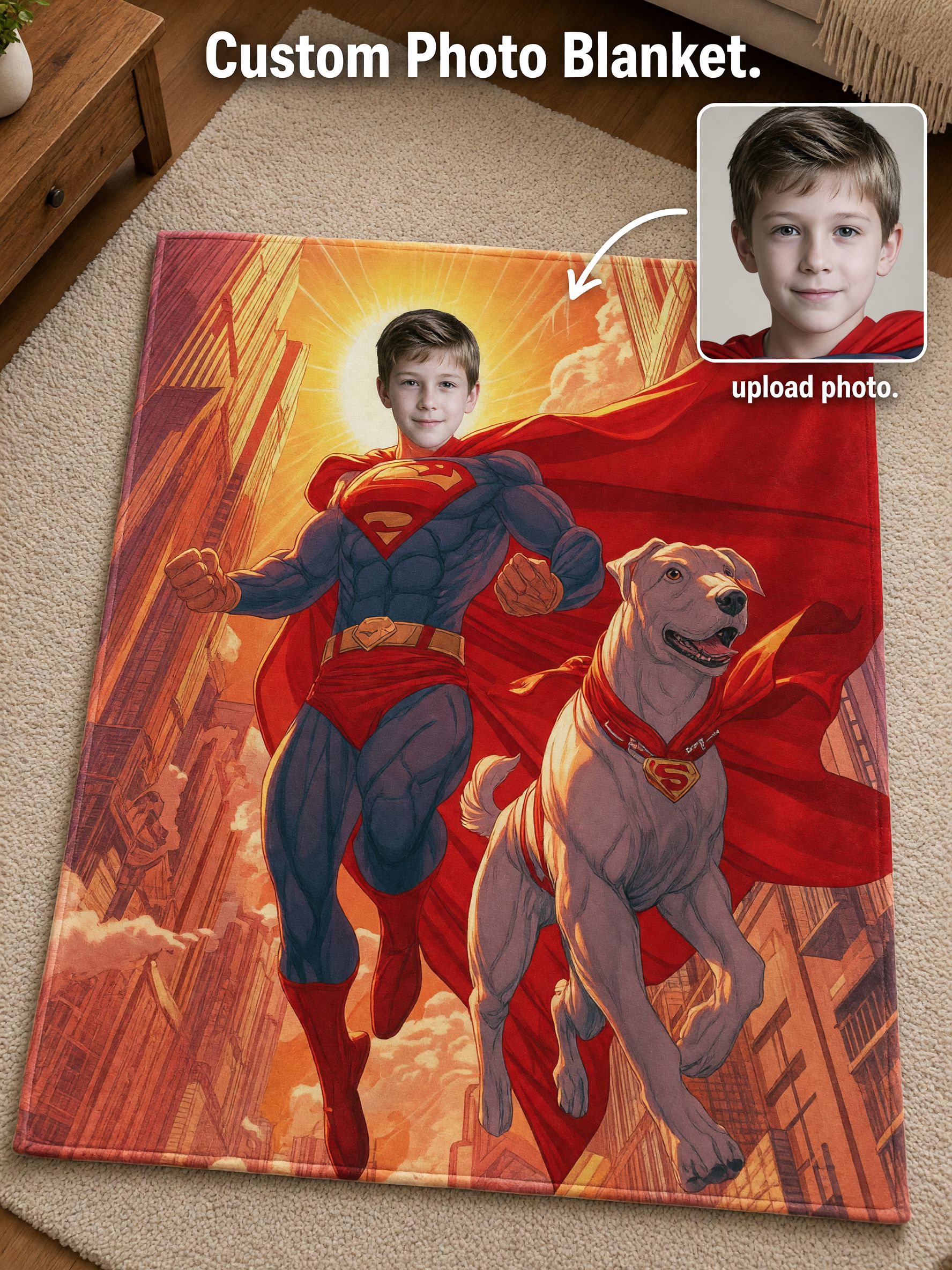 Custom Superhero Photo Face Flannel Blanket, Ultra Soft Personalized Hero Throw for Kids and Comic Fans