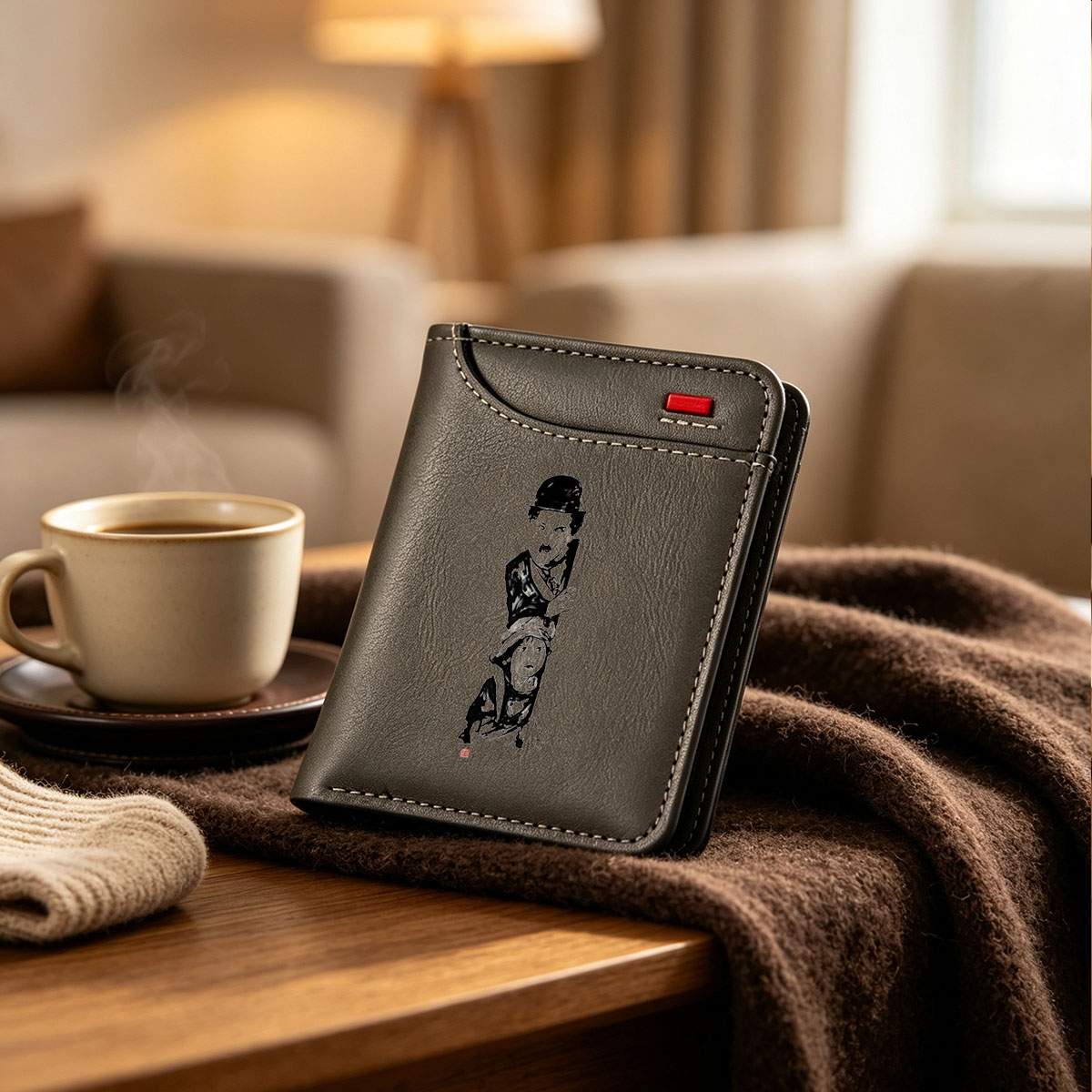 Two figures in hats, one standing and one seated, rendered in high-contrast black and white. - Vertical Style Wallet
