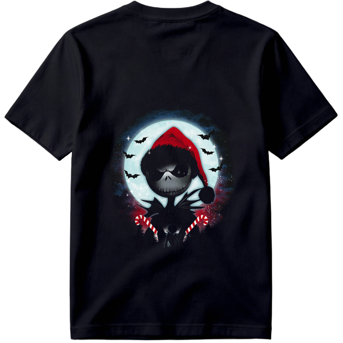 Jack Skellington in Santa Hat with Candy Canes Against Moonlit Sky - Tee