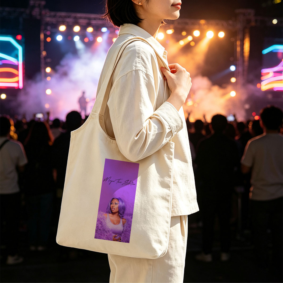 Megan Thee Stallion in Purple Feathered Outfit Against Vibrant Purple Background - Canvas shoulder bags/