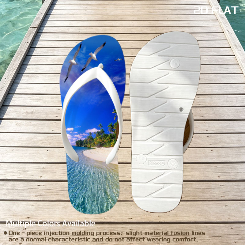 Seagulls soar over a pristine tropical beach with crystal-clear waters and palm trees under a vibrant blue sky. -  flip-flops