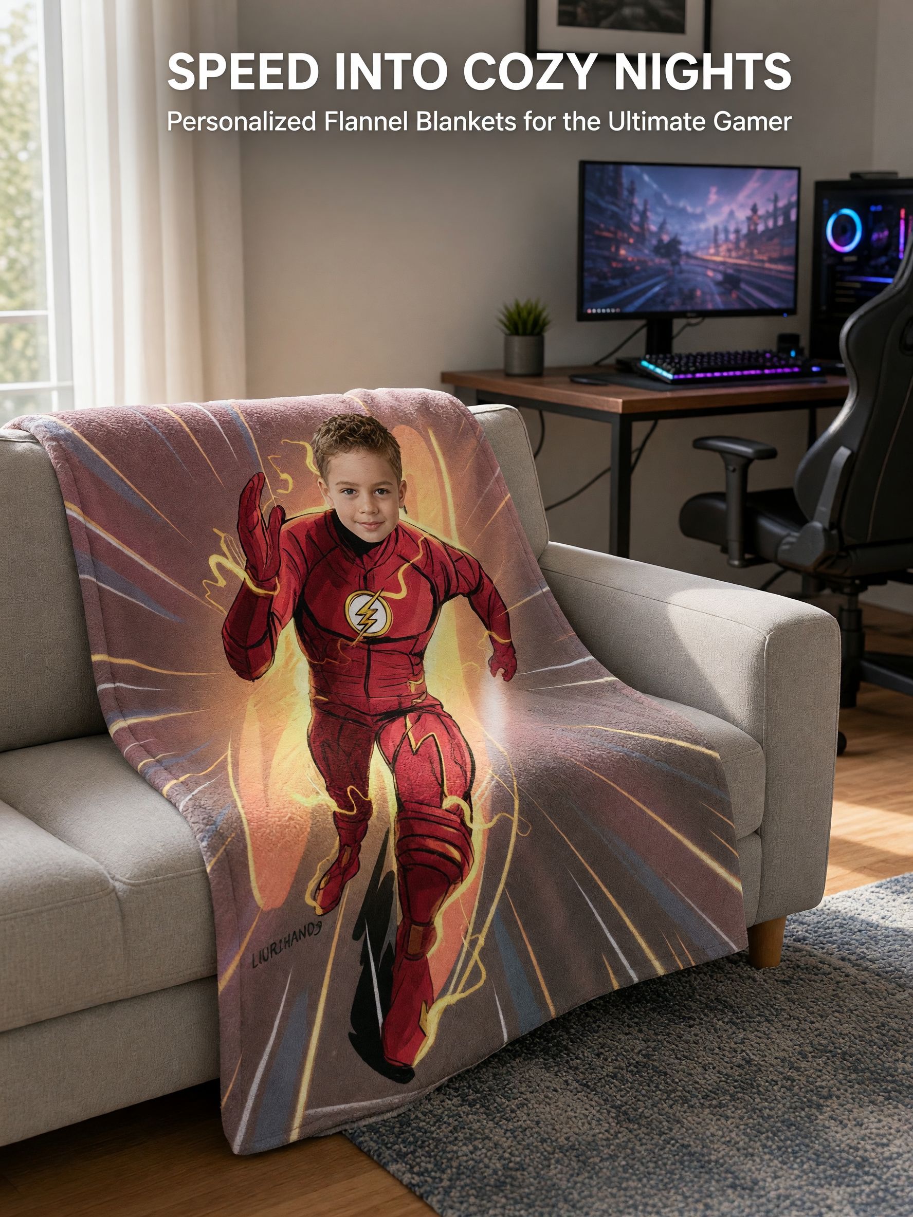 Custom Face Superhero Flannel Blanket, Personalized Photo Plush Throw for Kids, Cozy Comic Hero Fleece Gift