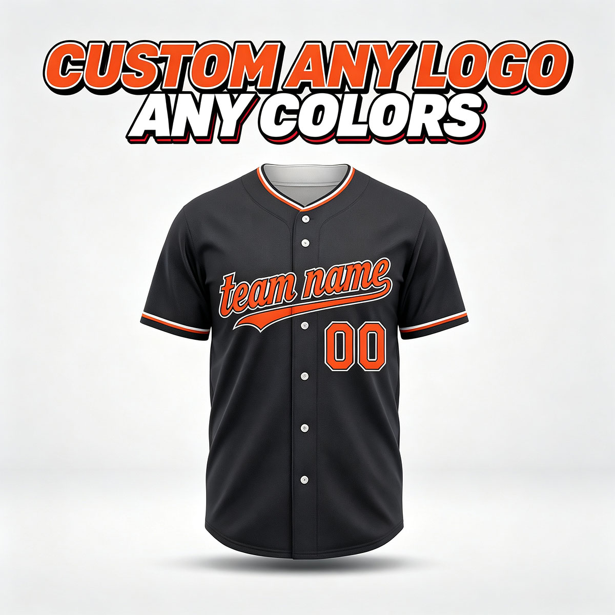 Custom Printed Detroit Script Style Baseball Jersey Anthracite Charcoal Orange Trim Button Down Shirt for Men and Women