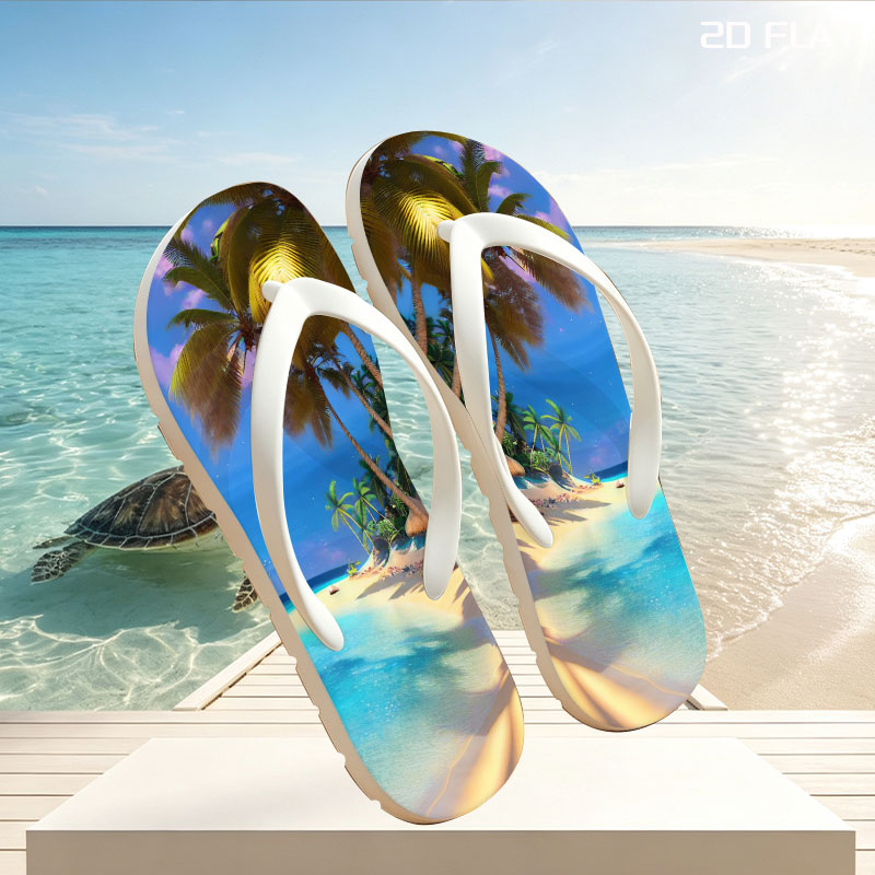 Tropical Beach with Palm Trees and Crystal Clear Water -  flip-flops