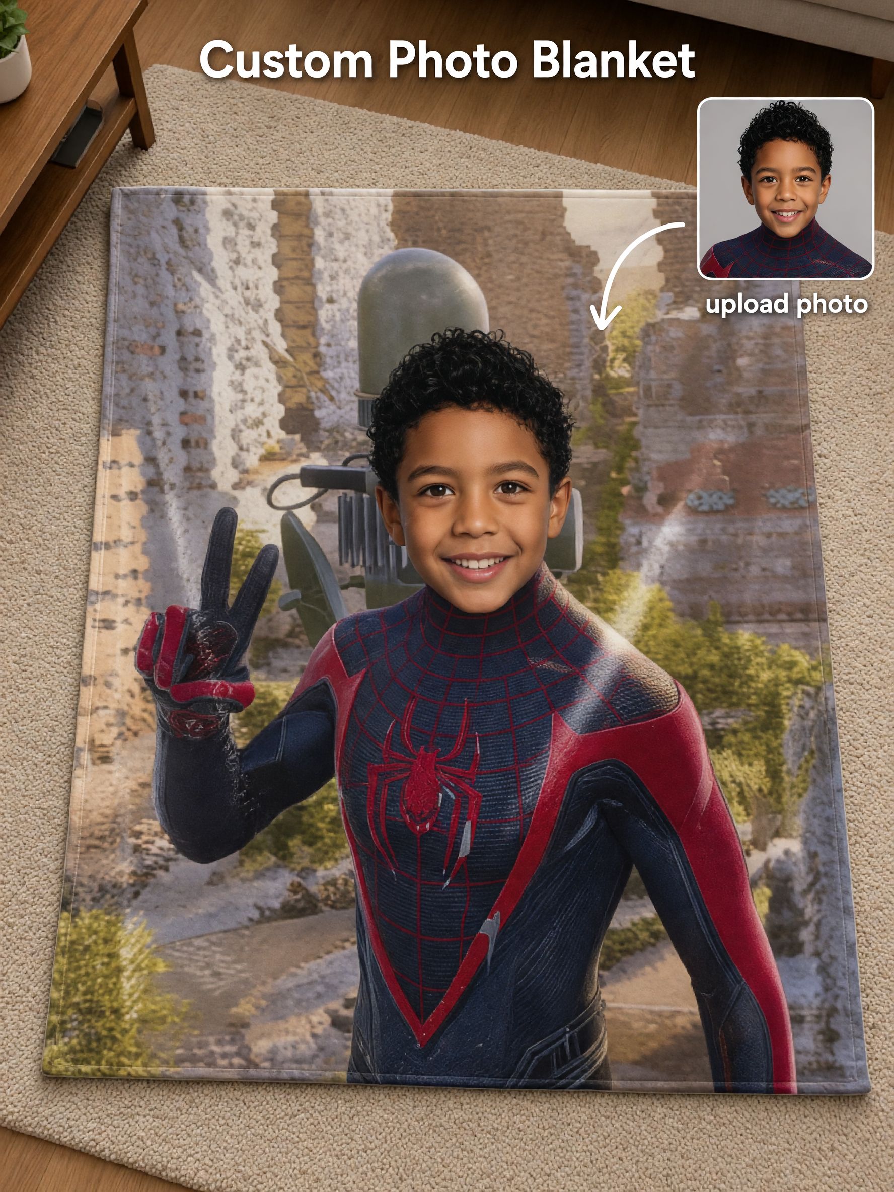 Custom Photo Blanket Personalized Superhero Portrait Ultra Soft Flannel Throw for Kids Bed Couch Cozy Keepsake Gift