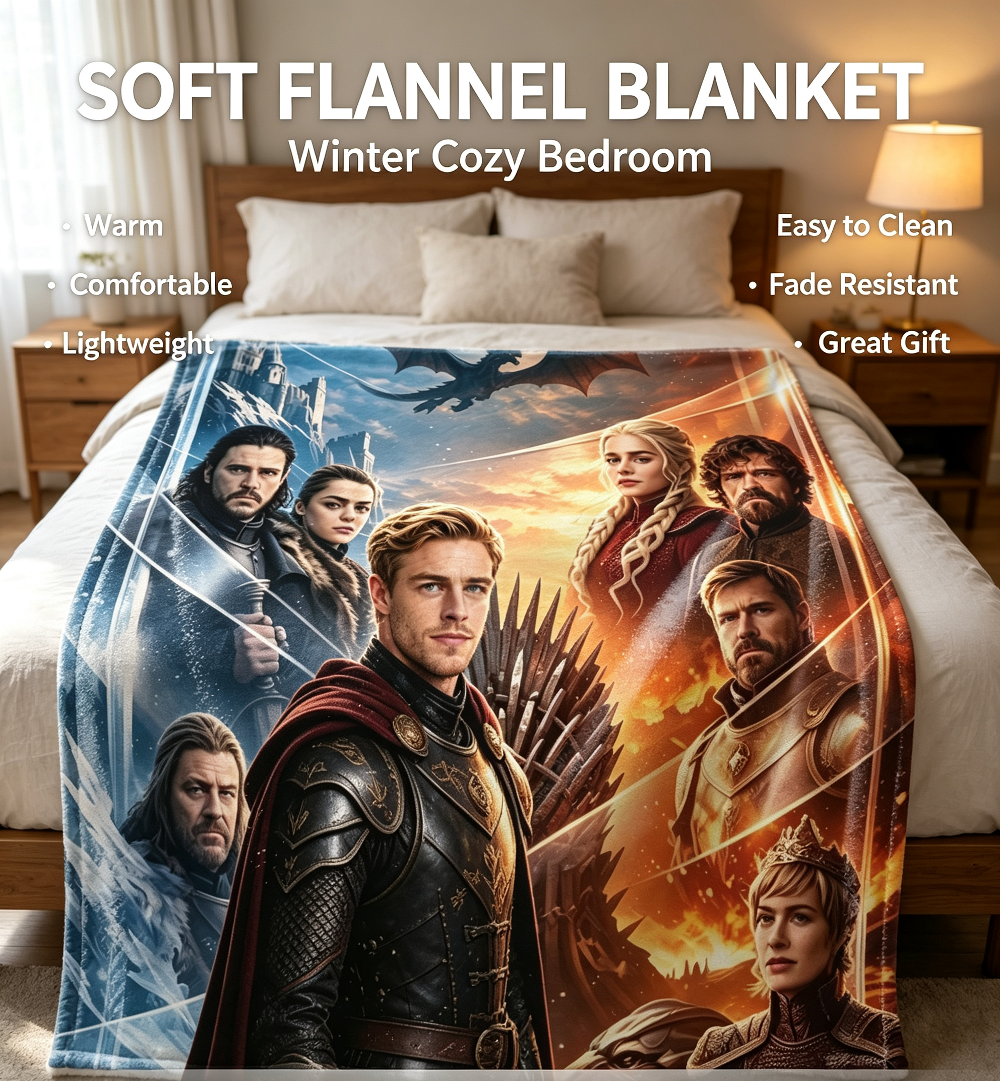 Custom Face Blanket Game of Thrones Characters Flannel Blanket Cozy Living Room Bedding Gift for Fans and Collectors