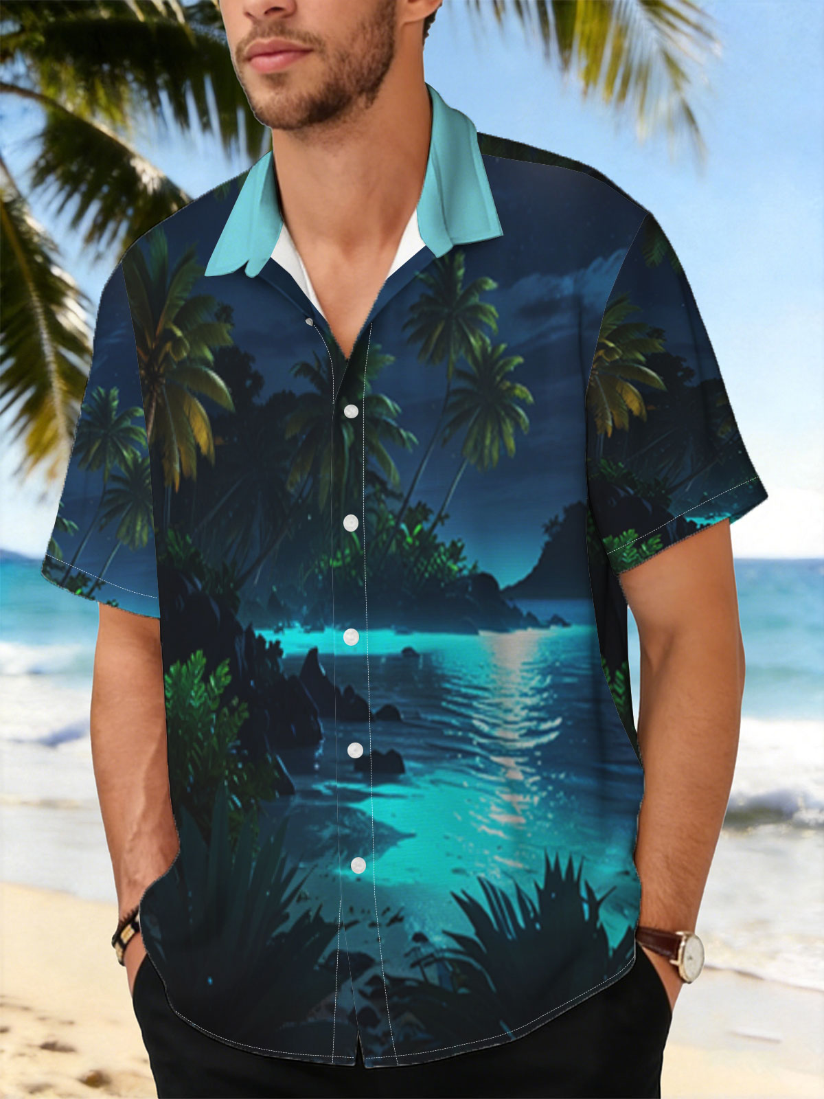 Moonlit Tropical Beach with Palm Trees and Glowing Water -  Shirt
