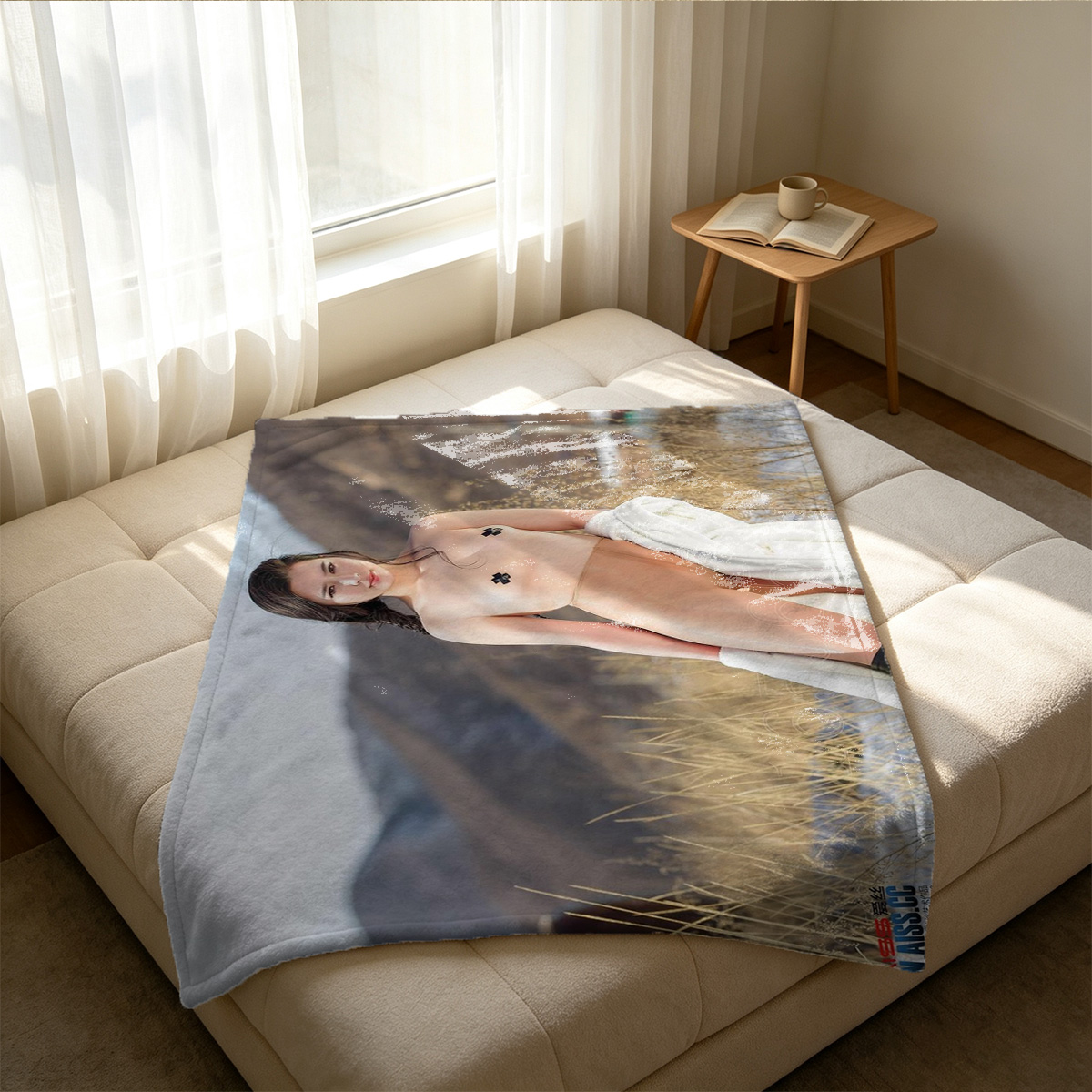 Nude Woman Sitting on Beach Facing Ocean Waves - Blanket