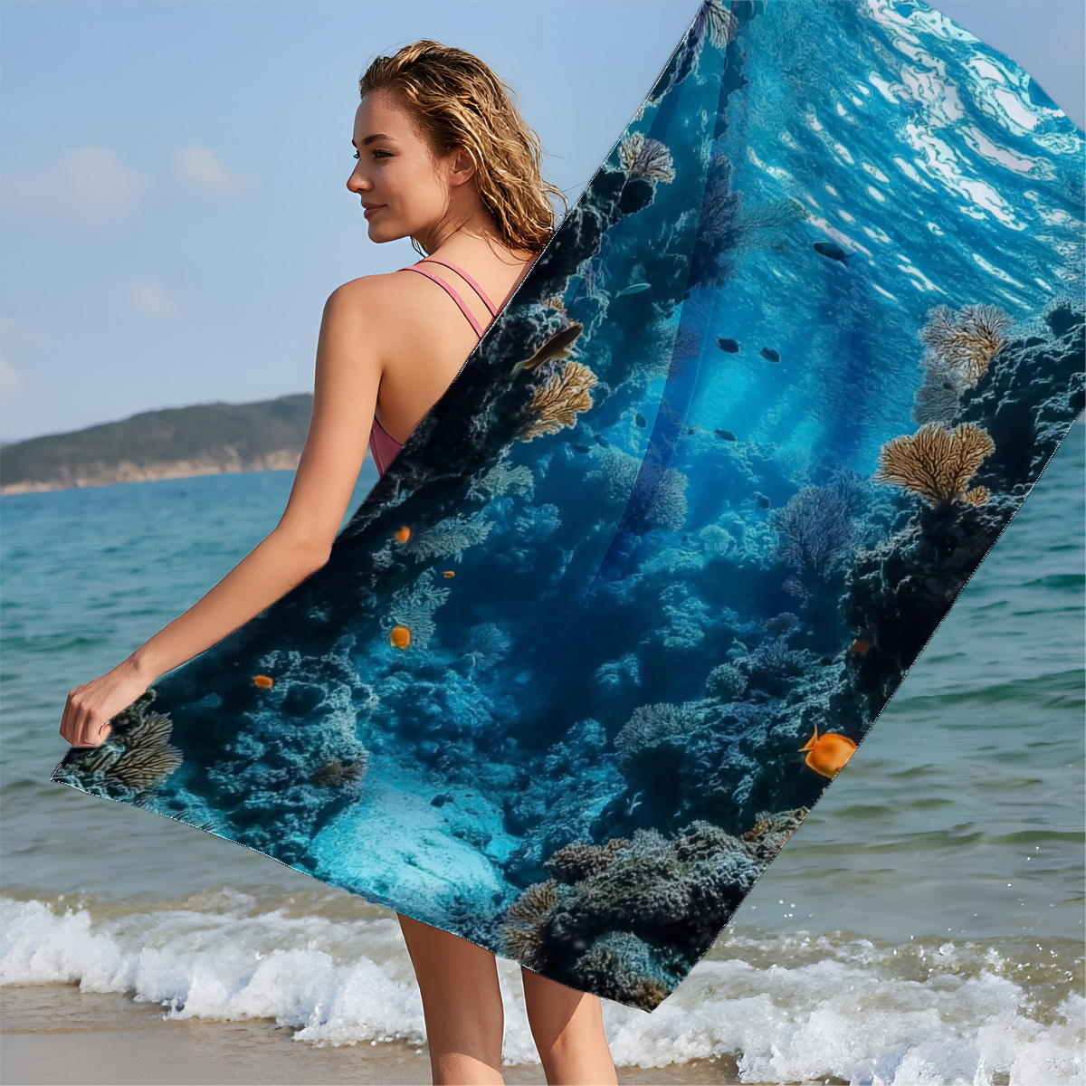 Underwater Coral Cave with Sunlight and Fish - Beach towels