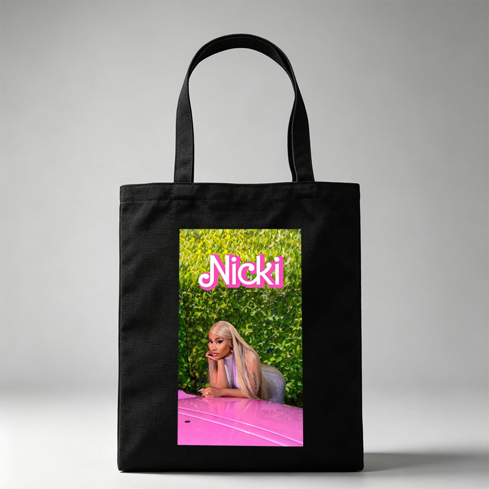 Nicki Minaj Leaning on Pink Car in Front of Green Hedge Wall - Canvas tote bags